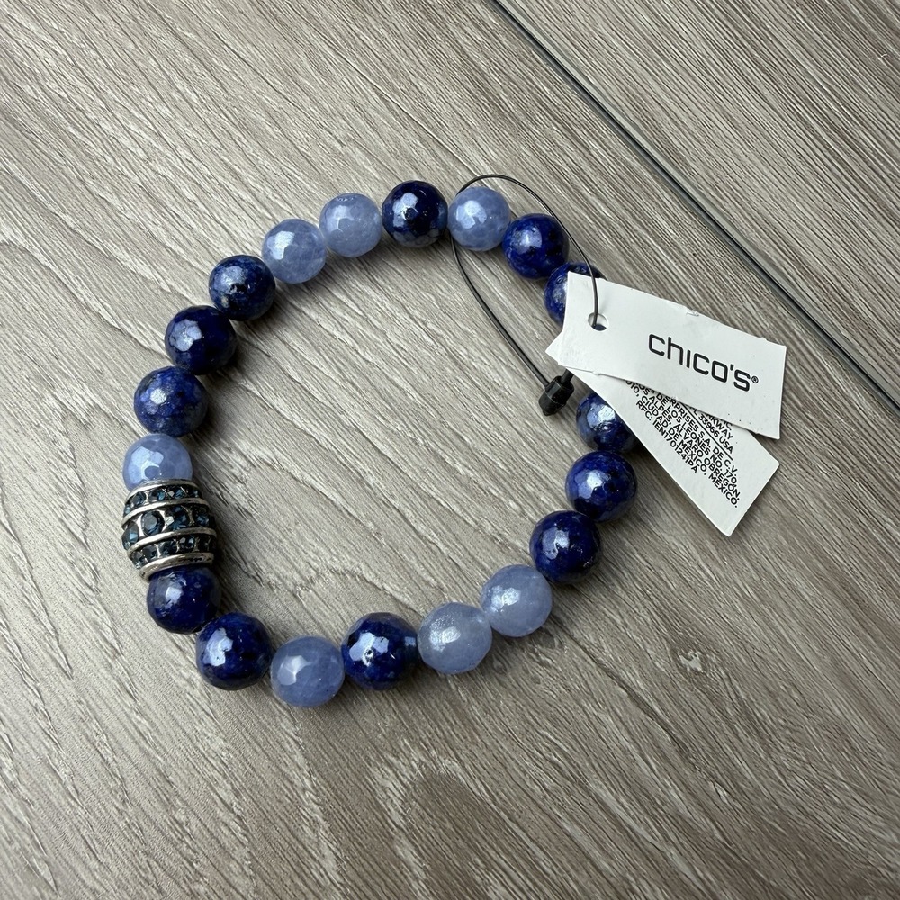 Chico's Beaded Stretch Bracelet Blue And Silver‎ Tone Spacer Charm New